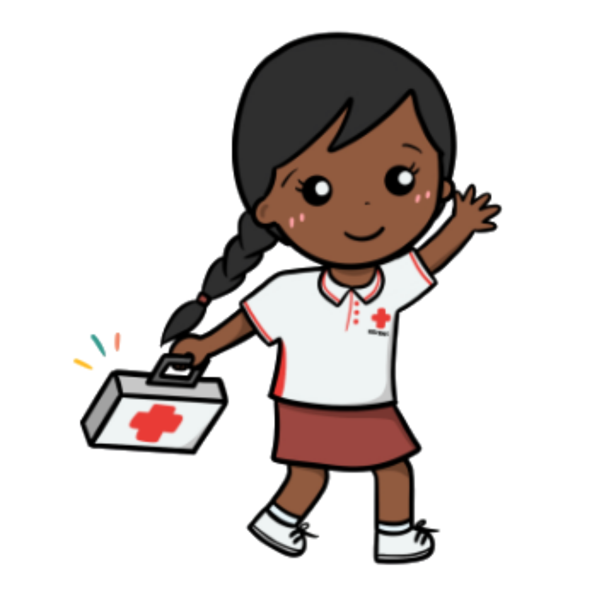 An illustration of a young girl in a white Red Cross uniform, cheerfully waving while carrying a first aid kit, representing the school's Red Cross group.